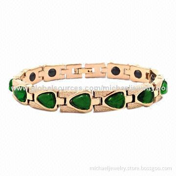 Magnetic Stainless Steel Bracelets with 12pcs of Green Synthetic Stones and Plating of IP Rose Gold
